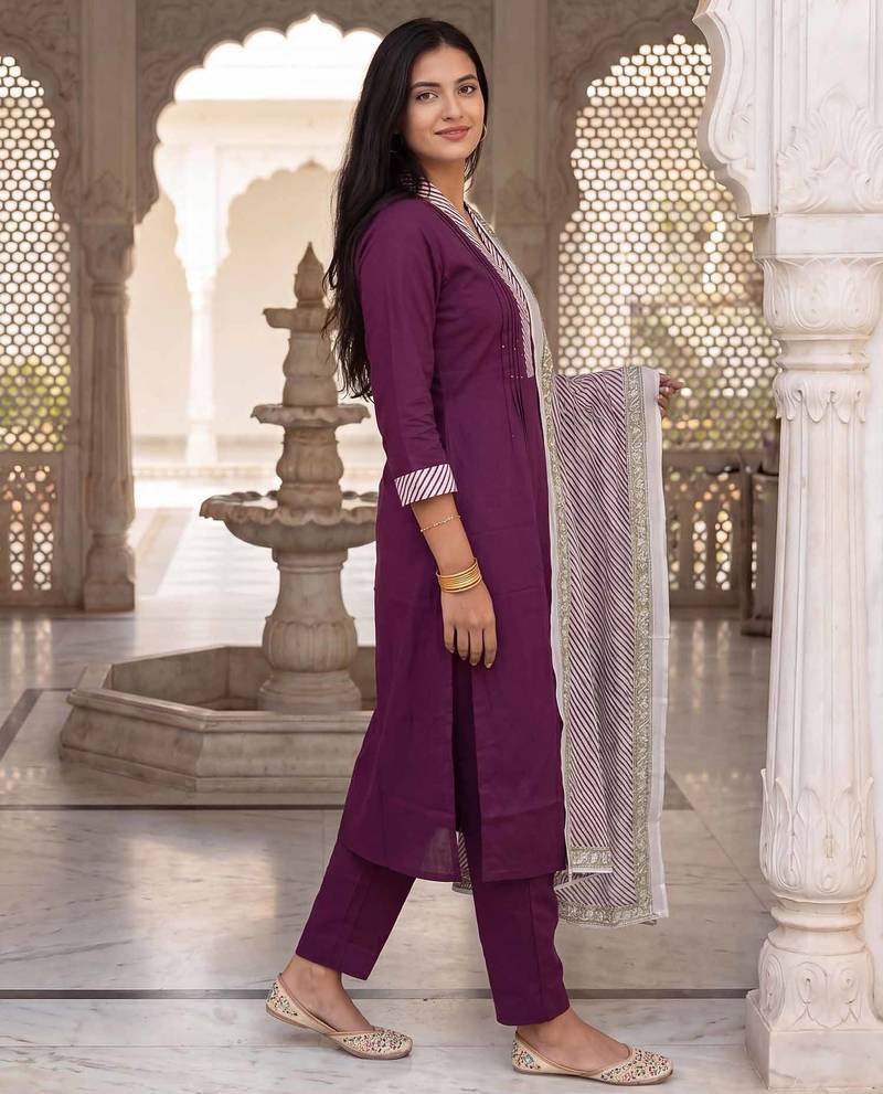 Burgundy self design pure cotton kurta trouser dupatta set