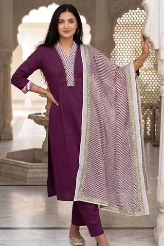 Burgundy self design pure cotton kurta trouser dupatta set