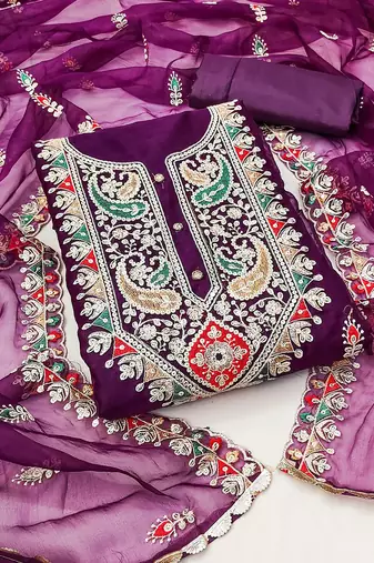 Ethnic Motifs Embroidered Thread Work Detailed Organza Unstitched Dress Material