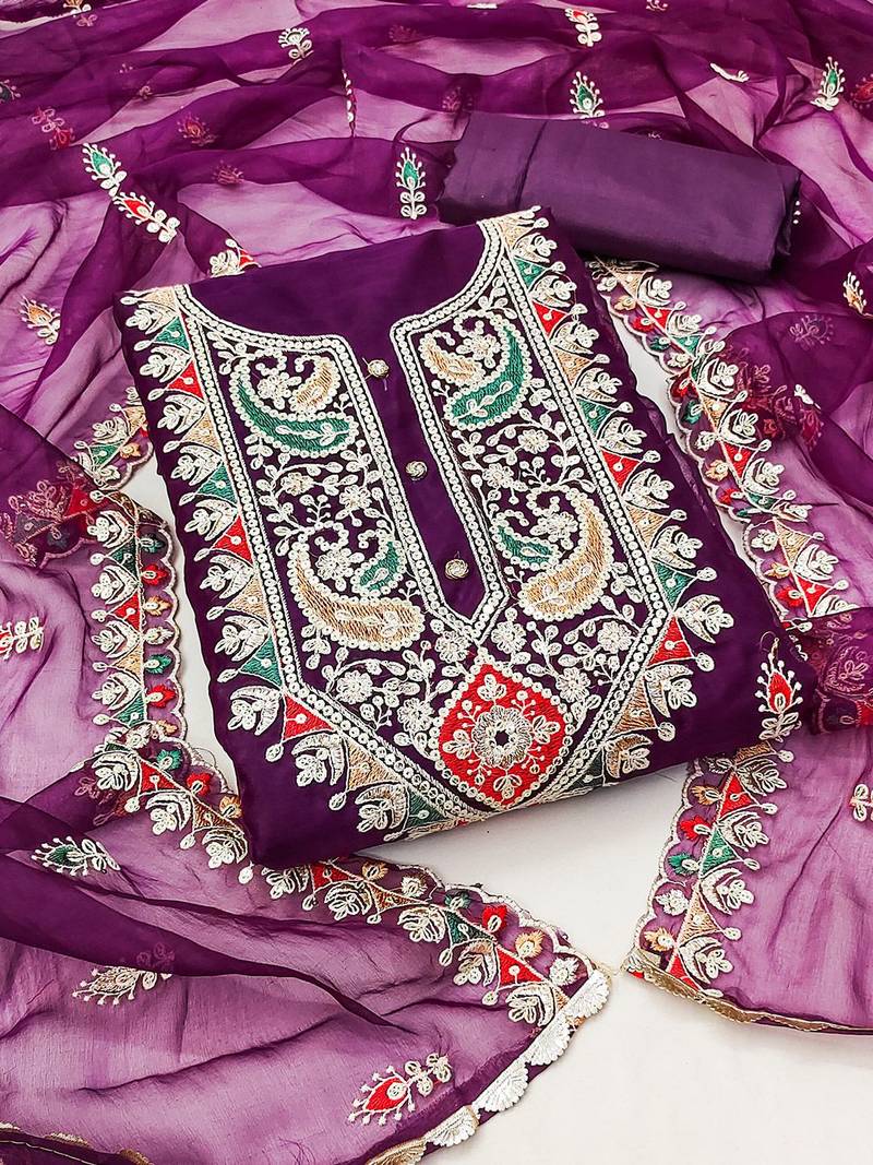 Ethnic Motifs Embroidered Thread Work Detailed Organza Unstitched Dress Material