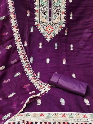 Ethnic Motifs Embroidered Thread Work Detailed Organza Unstitched Dress Material 2