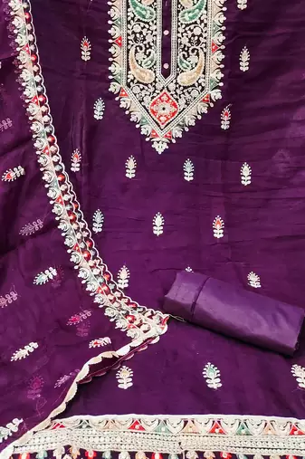 Ethnic Motifs Embroidered Thread Work Detailed Organza Unstitched Dress Material