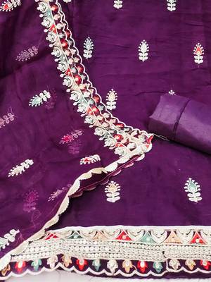 Ethnic Motifs Embroidered Thread Work Detailed Organza Unstitched Dress Material 3