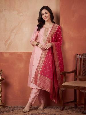 Pink embroidered silk blend kurta trouser dupatta set 1
