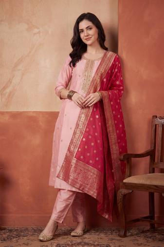 Pink embroidered silk blend kurta trouser dupatta set