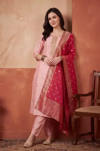 Pink embroidered silk blend kurta trouser dupatta set