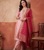Pink embroidered silk blend kurta trouser dupatta set