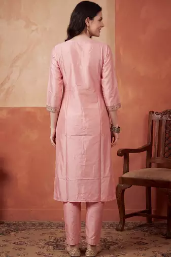Pink embroidered silk blend kurta trouser dupatta set