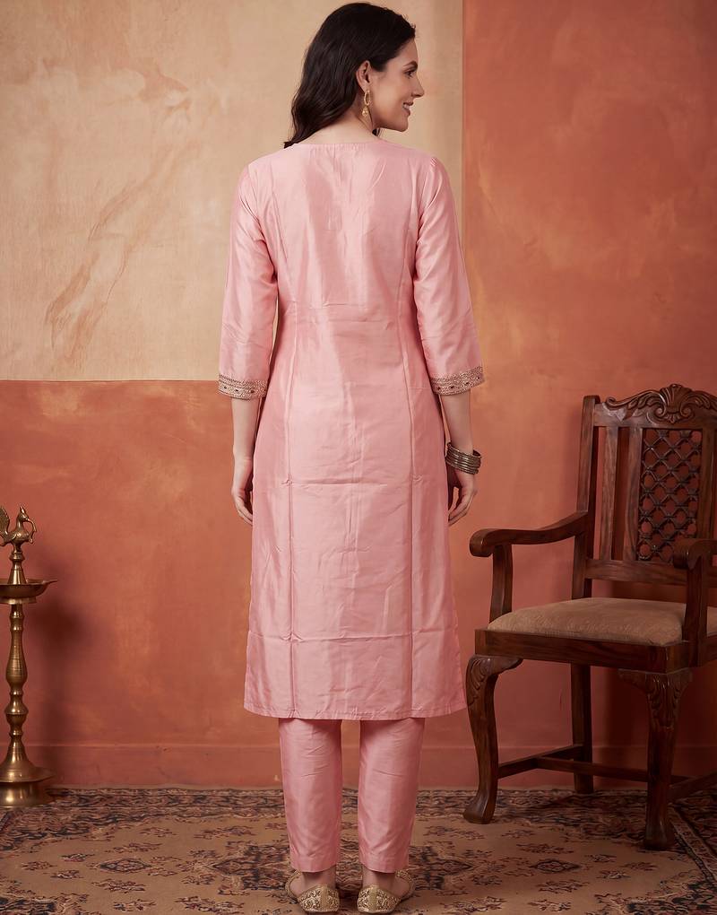 Pink embroidered silk blend kurta trouser dupatta set