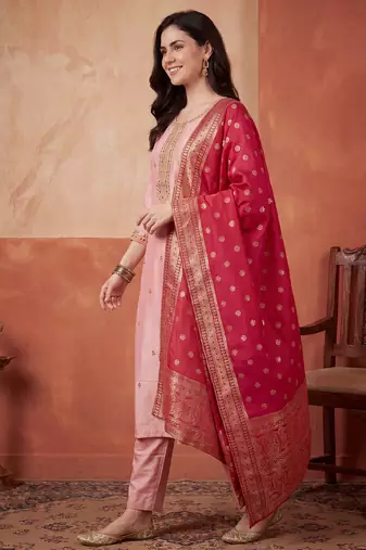 Pink embroidered silk blend kurta trouser dupatta set