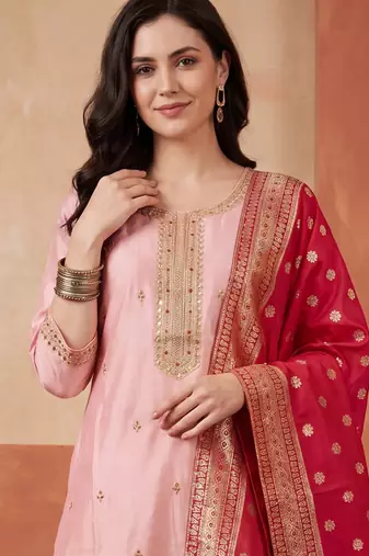 Pink embroidered silk blend kurta trouser dupatta set