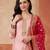 Pink embroidered silk blend kurta trouser dupatta set