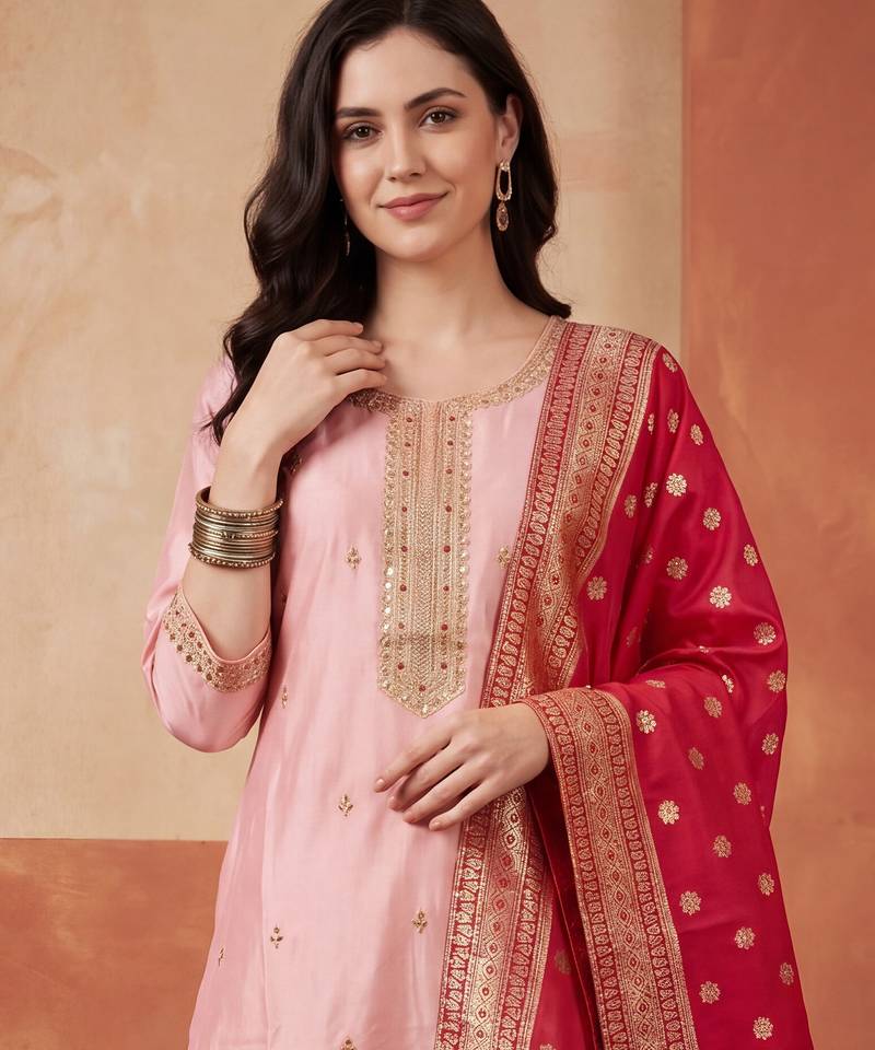 Pink embroidered silk blend kurta trouser dupatta set