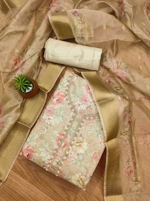 Floral Printed Beaded Organza Unstitched Dress Material 1