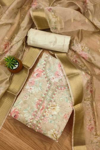 floral printed beaded organza unstitched dress material