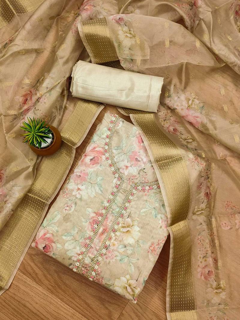 Floral Printed Beaded Organza Unstitched Dress Material
