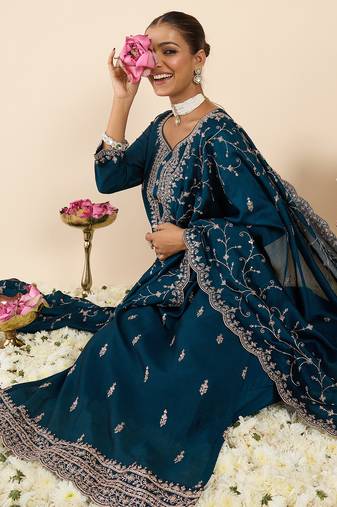 Teal embroidered silk blend kurta trouser dupatta set