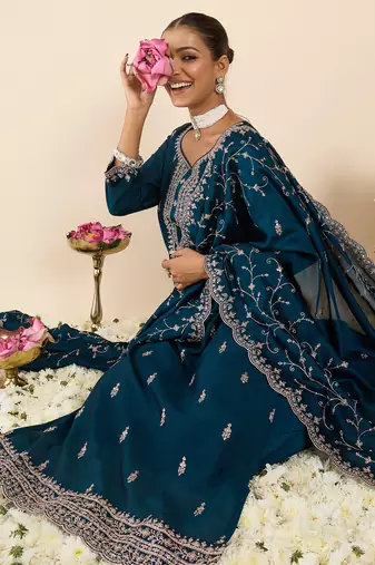 Teal embroidered silk blend kurta trouser dupatta set