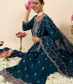 Teal embroidered silk blend kurta trouser dupatta set