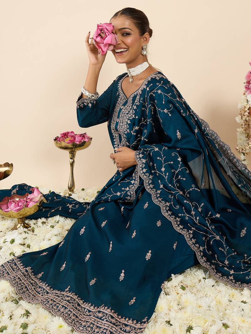 Teal embroidered silk blend kurta trouser dupatta set