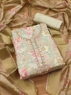 Floral Printed Beaded Organza Unstitched Dress Material 2
