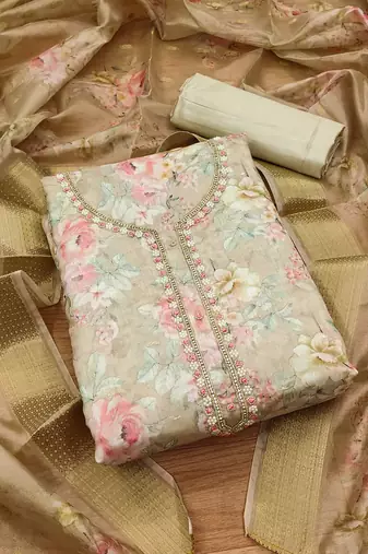 Floral Printed Beaded Organza Unstitched Dress Material