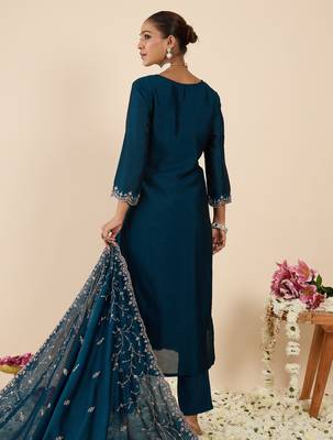 Teal embroidered silk blend kurta trouser dupatta set 2
