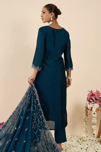 Teal embroidered silk blend kurta trouser dupatta set