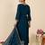 Teal embroidered silk blend kurta trouser dupatta set