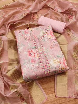 Floral Printed Beaded Organza Unstitched Dress Material 2