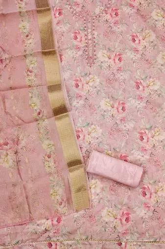 Floral Printed Beaded Organza Unstitched Dress Material