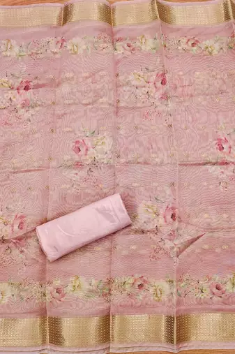 Floral Printed Beaded Organza Unstitched Dress Material