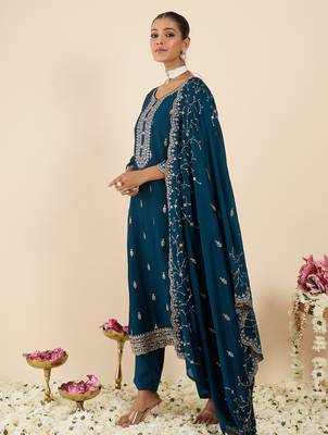 Teal embroidered silk blend kurta trouser dupatta set 3