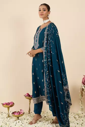 Teal embroidered silk blend kurta trouser dupatta set