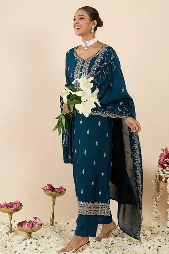 Teal embroidered silk blend kurta trouser dupatta set