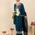 Teal embroidered silk blend kurta trouser dupatta set