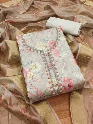 Floral Printed Organza Beaded Unstitched Dress Material 2