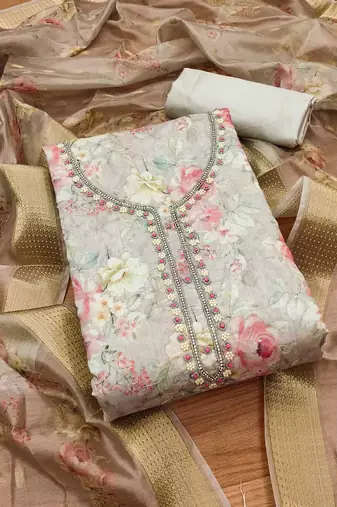 Floral Printed Organza Beaded Unstitched Dress Material