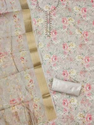 Floral Printed Organza Beaded Unstitched Dress Material 3
