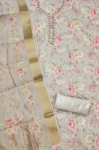 Floral Printed Organza Beaded Unstitched Dress Material