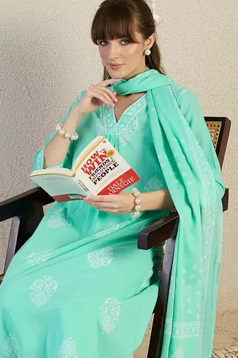 Blue printed pure cotton kurta trouser dupatta set