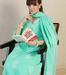 Blue printed pure cotton kurta trouser dupatta set