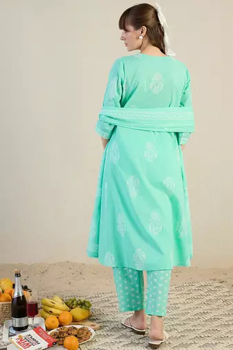 Blue printed pure cotton kurta trouser dupatta set