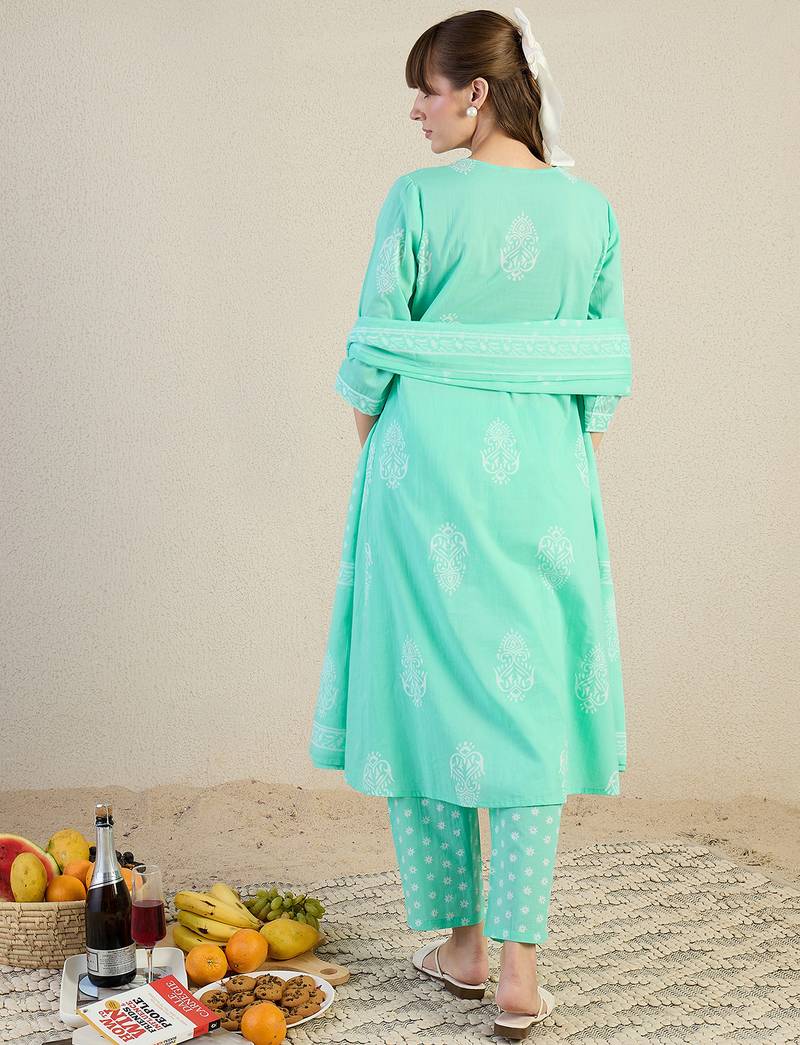 Blue printed pure cotton kurta trouser dupatta set