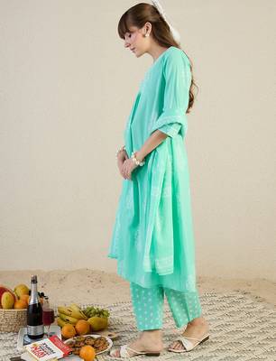 Blue printed pure cotton kurta trouser dupatta set 4