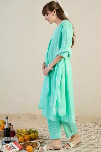 Blue printed pure cotton kurta trouser dupatta set
