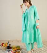 Blue printed pure cotton kurta trouser dupatta set