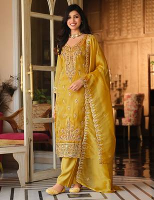 Mustard embroidered silk blend kurta trouser dupatta set 1