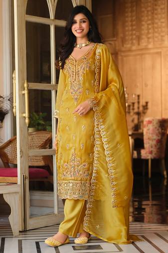 Mustard embroidered silk blend kurta trouser dupatta set