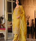 Mustard embroidered silk blend kurta trouser dupatta set